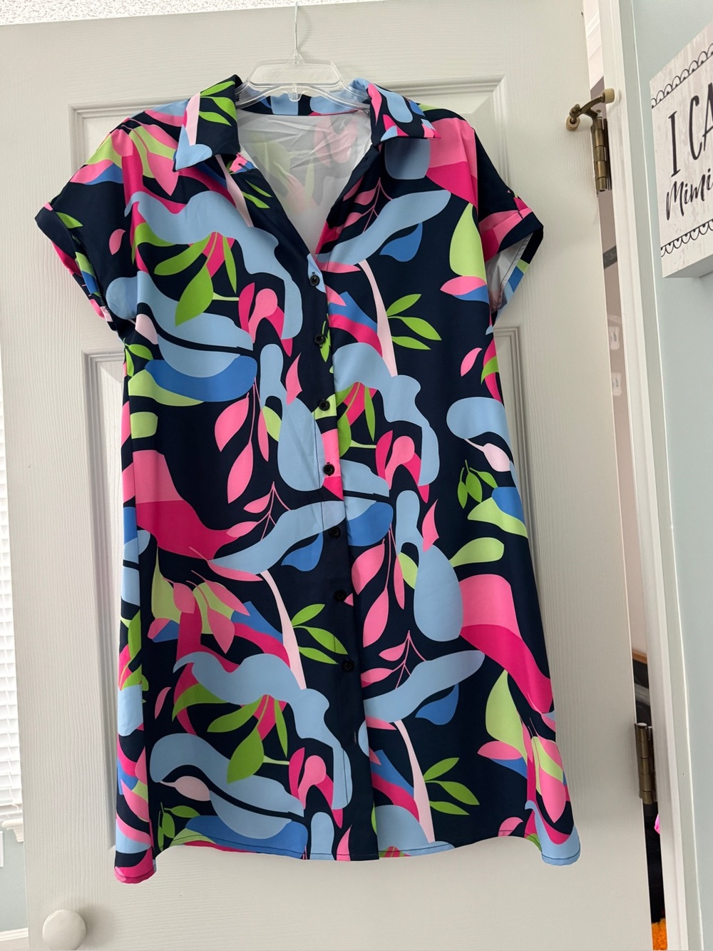 SHEIN Navy Button-Up Short Sleeve Dress with Pink, Light Blue & Lime Leaf Print